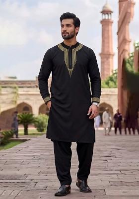 Black Embroidered Cotton Kurta Set For Men