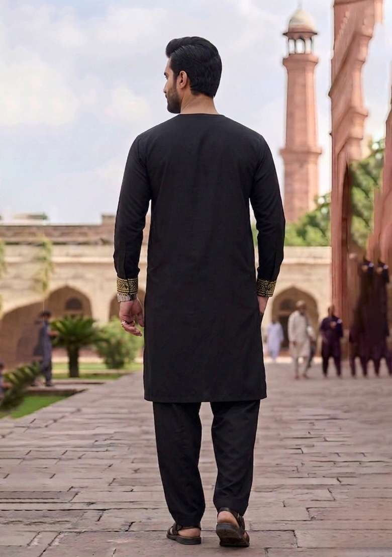 Black Embroidered Cotton Kurta Set For Men - Indya