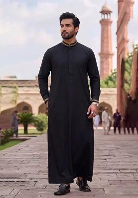 Black Embroidered Cotton Kurta Set For Men