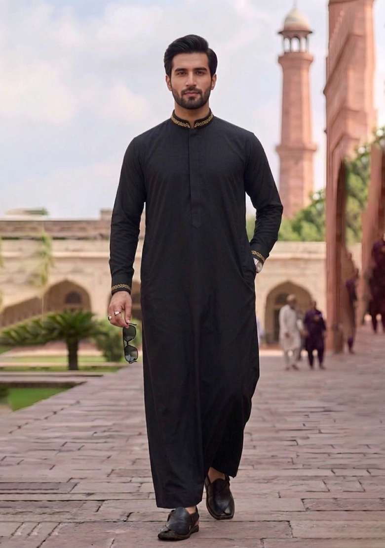 Black Embroidered Cotton Kurta Set For Men - Indya