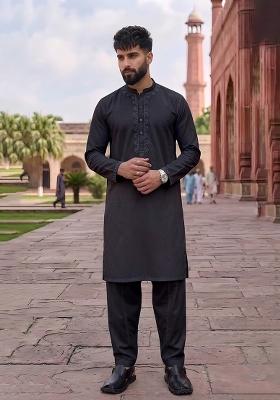 Black Embroidered Cotton Kurta Set For Men
