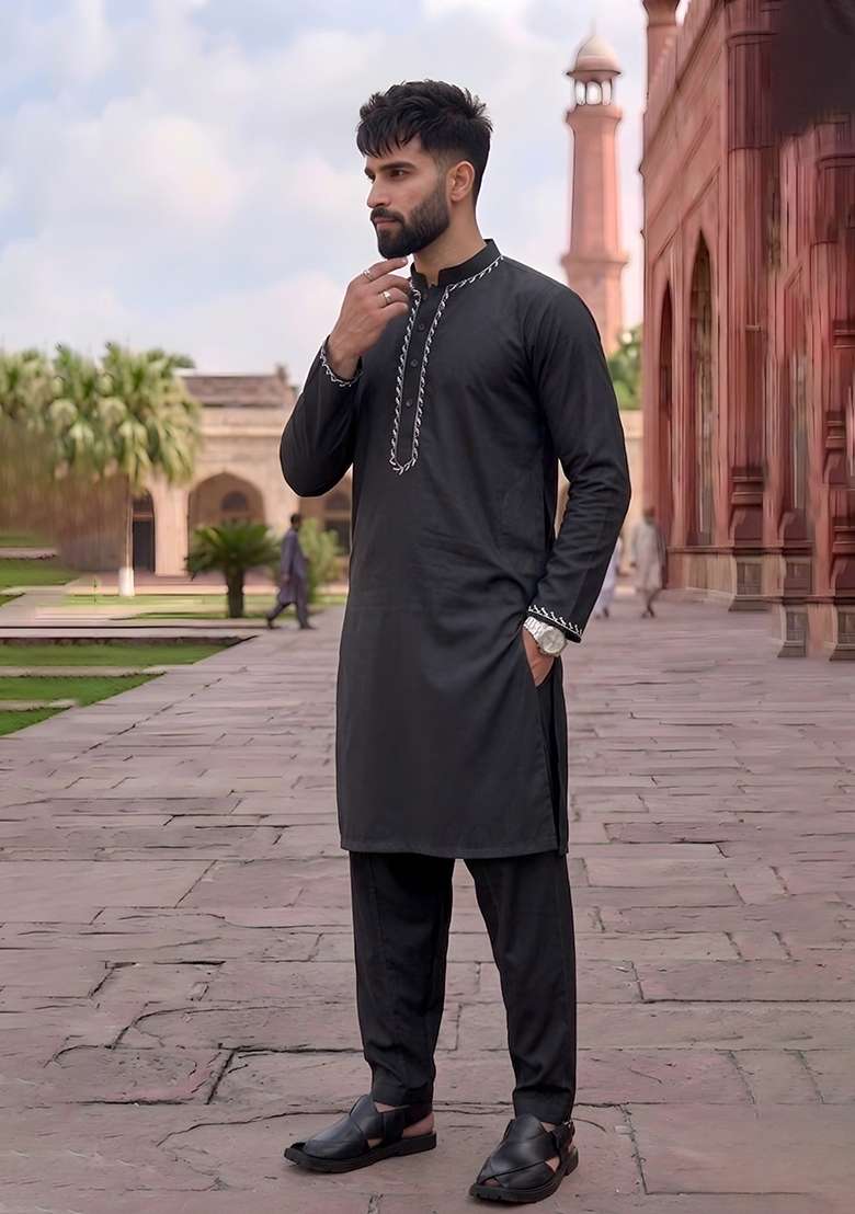 Black Embroidered Cotton Kurta Set For Men - Indya