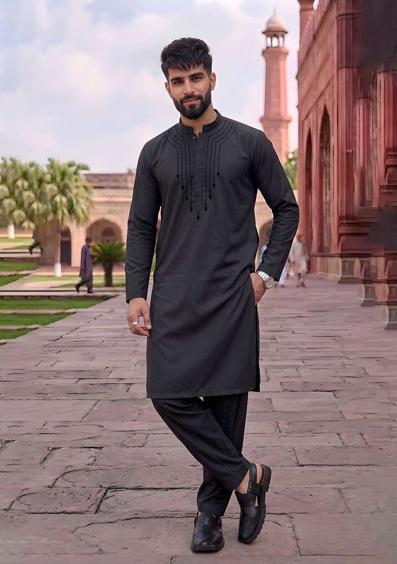 Black Embroidered Cotton Kurta Set For Men - Indya