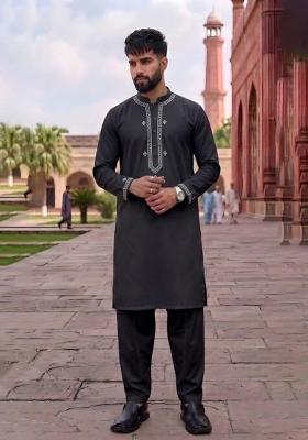Black Embroidered Cotton Kurta Set For Men