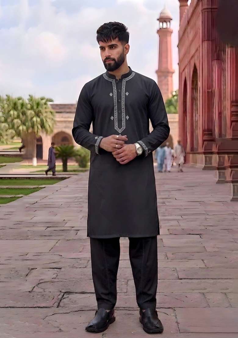 Black Embroidered Cotton Kurta Set For Men - Indya