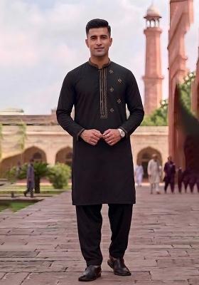 Black Embroidered Cotton Kurta Set For Men