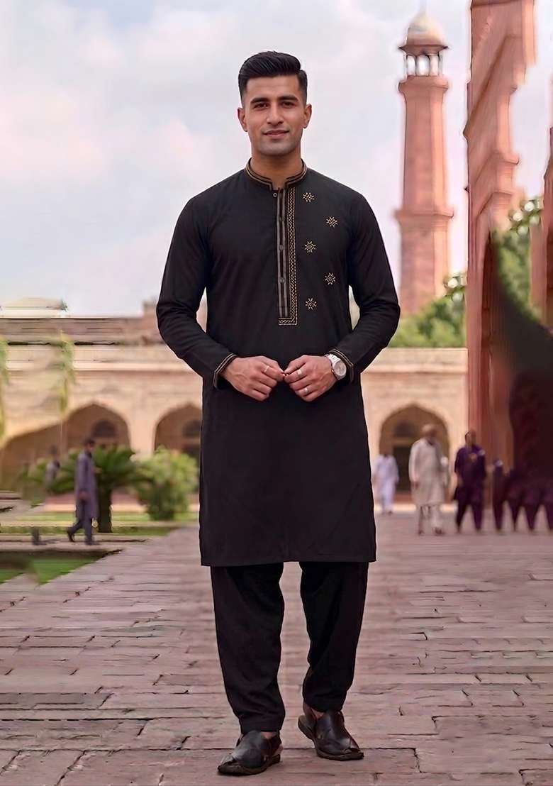 Black Embroidered Cotton Kurta Set For Men - Indya