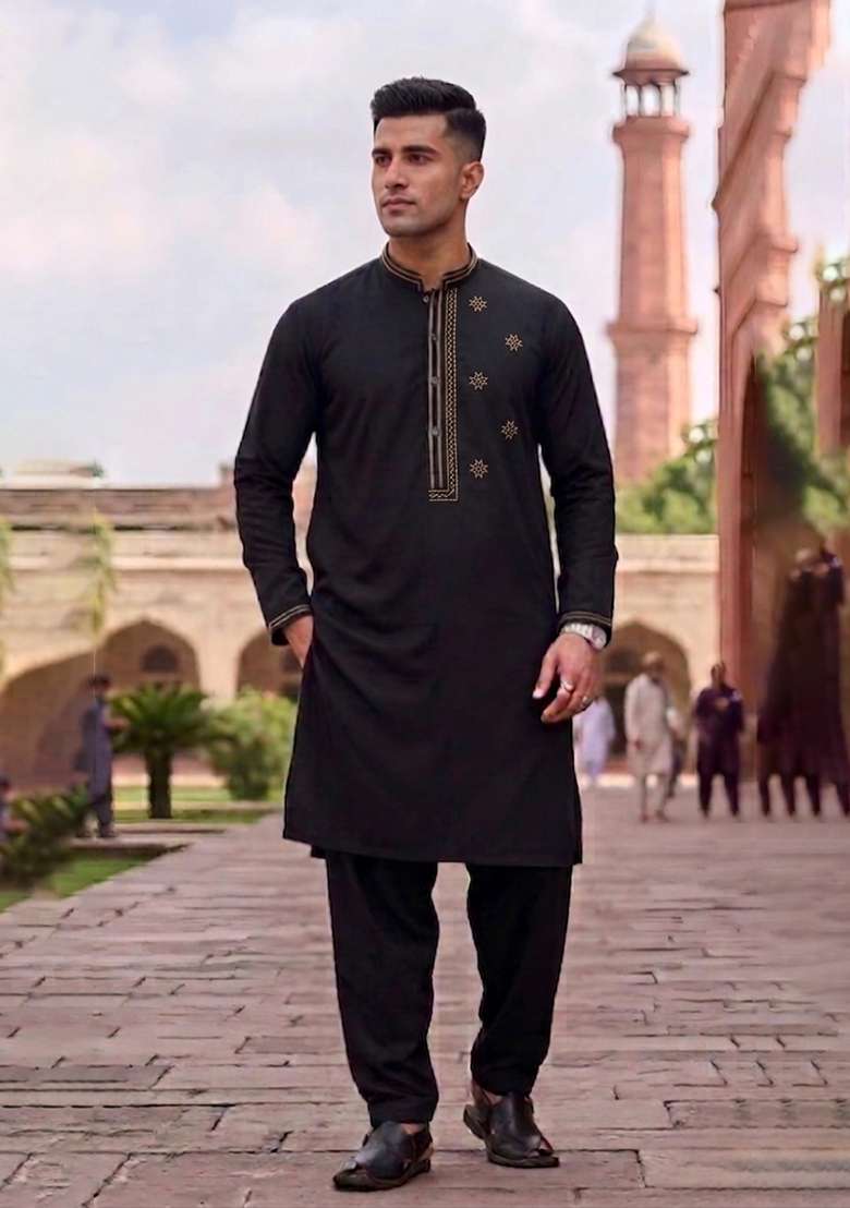 Black Embroidered Cotton Kurta Set For Men - Indya