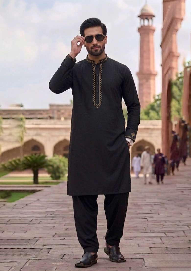 Black Embroidered Cotton Kurta Set For Men - Indya