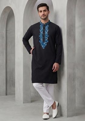 Black Embroidered Cotton Kurta Set For Men