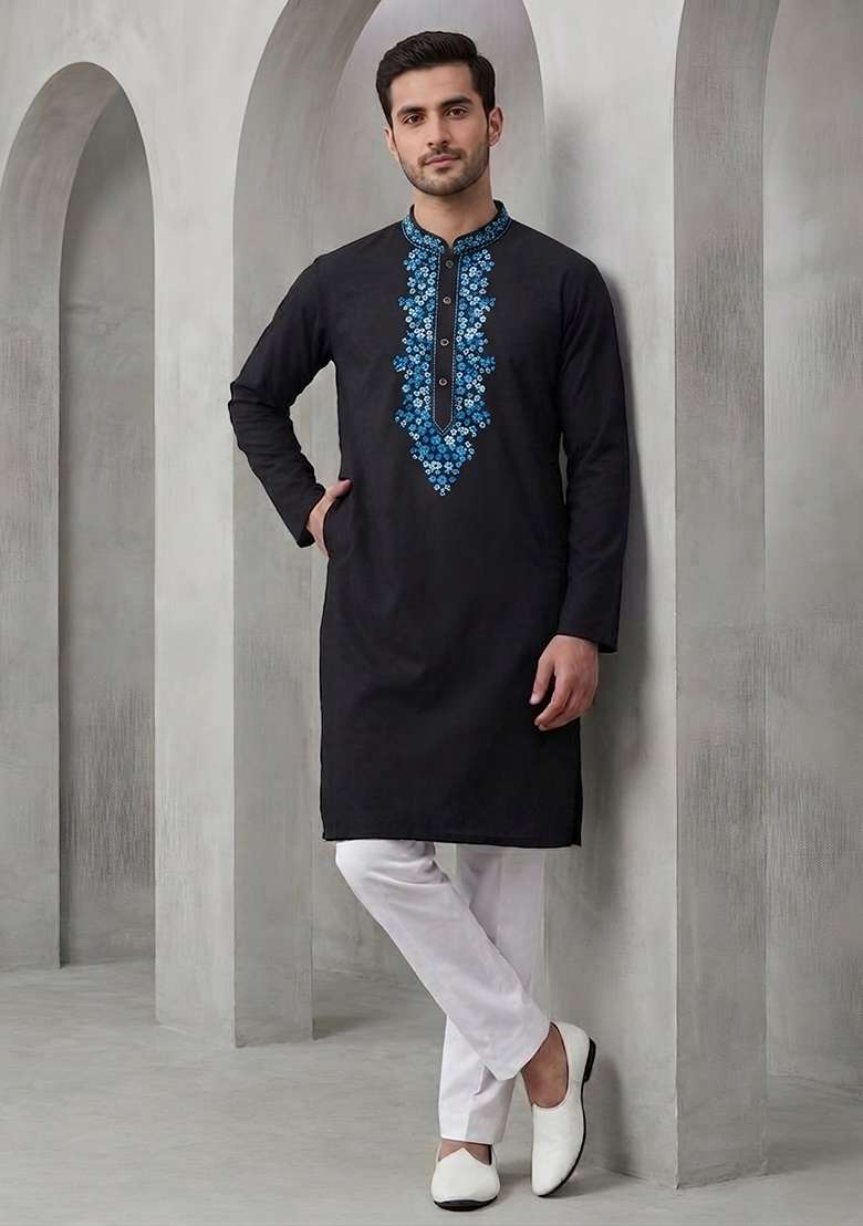 Black Embroidered Cotton Kurta Set For Men - Indya