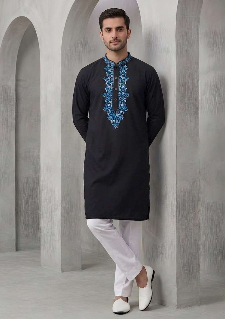 Black Embroidered Cotton Kurta Set For Men - Indya