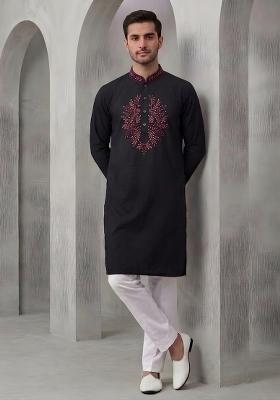 Black Embroidered Cotton Kurta Set For Men