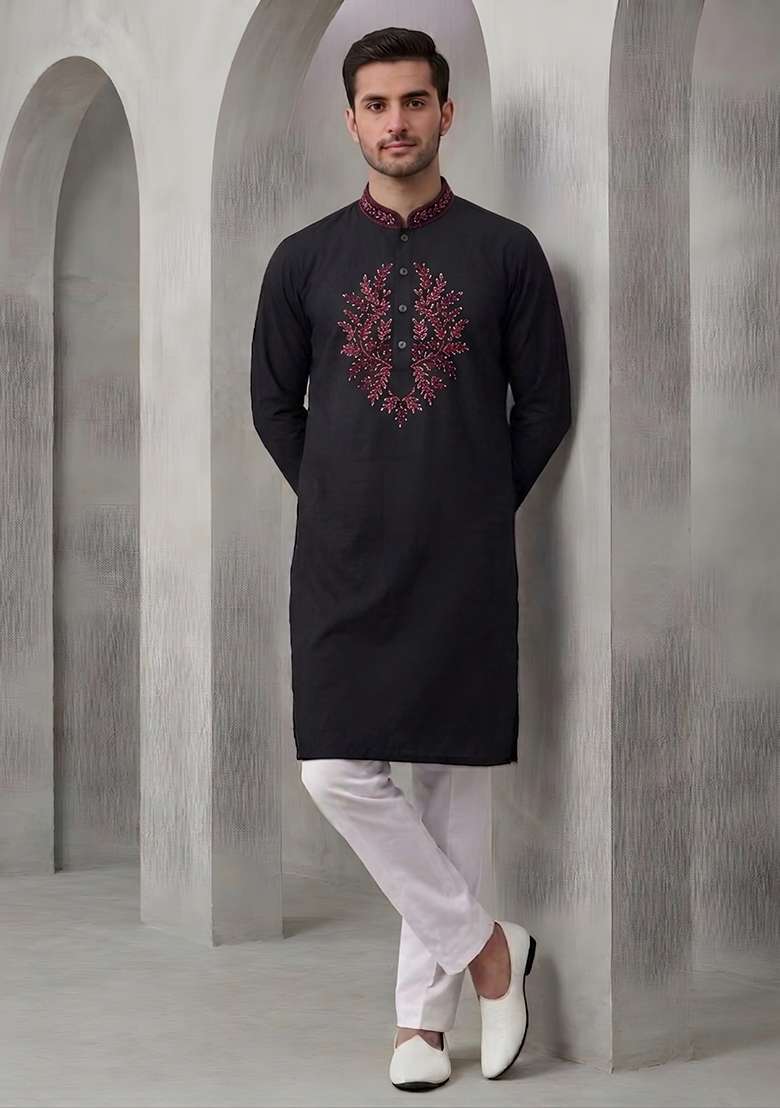 Black Embroidered Cotton Kurta Set For Men - Indya