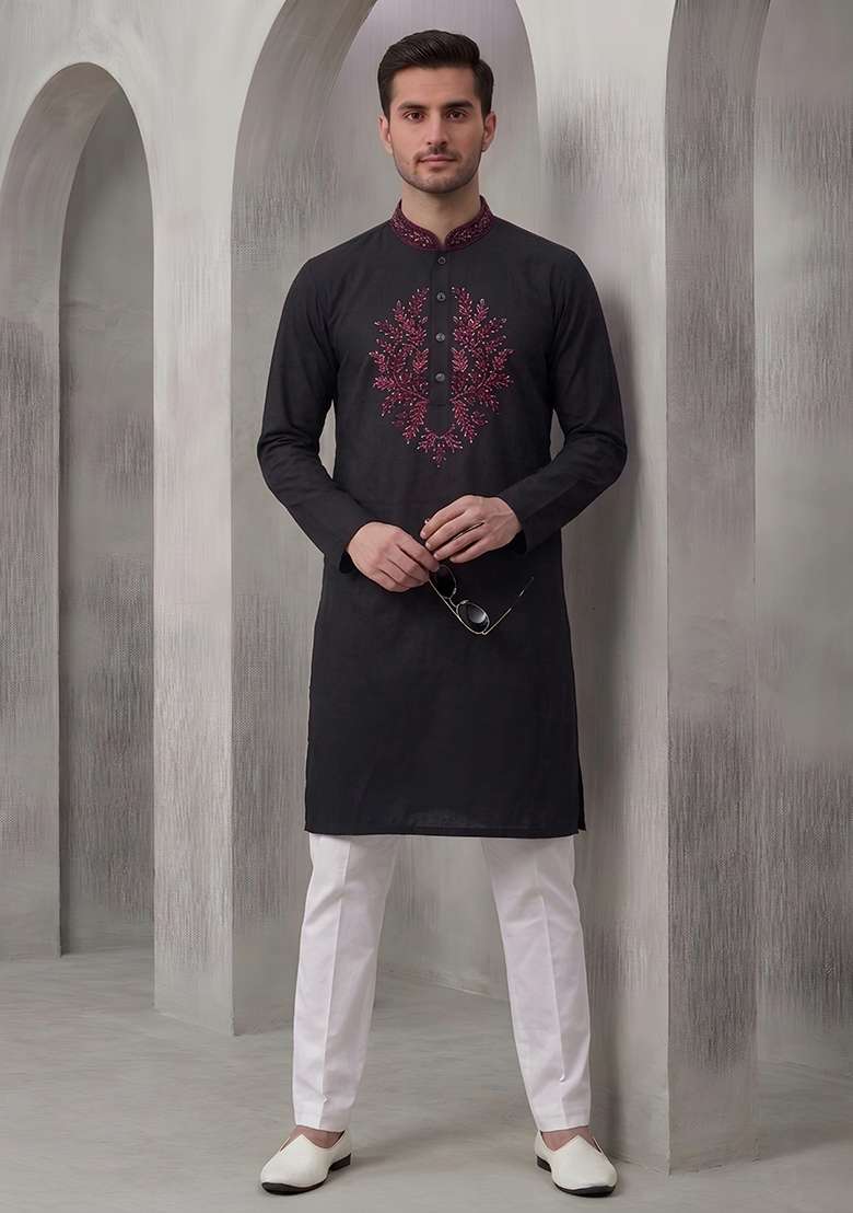 Black Embroidered Cotton Kurta Set For Men - Indya