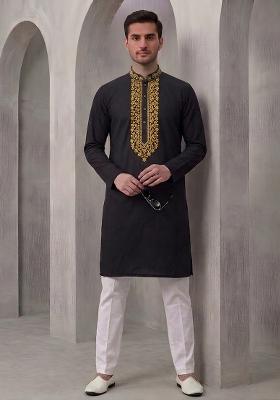 Black Embroidered Cotton Kurta Set For Men
