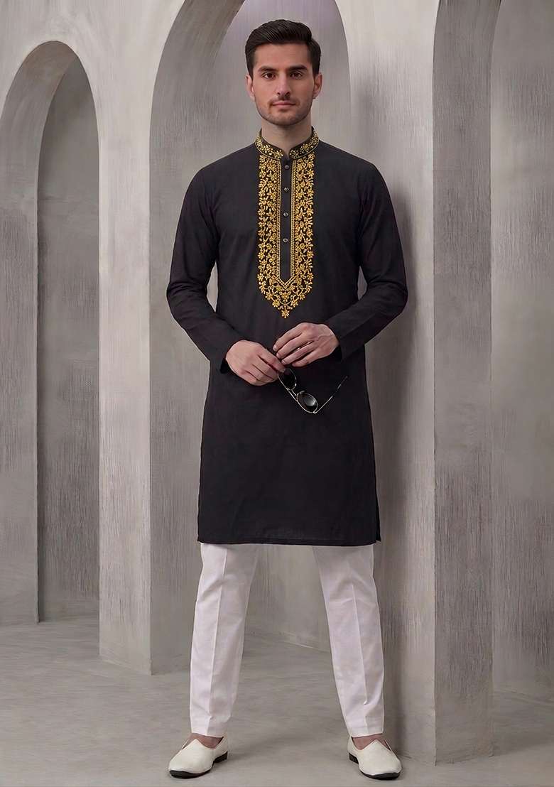 Black Embroidered Cotton Kurta Set For Men - Indya