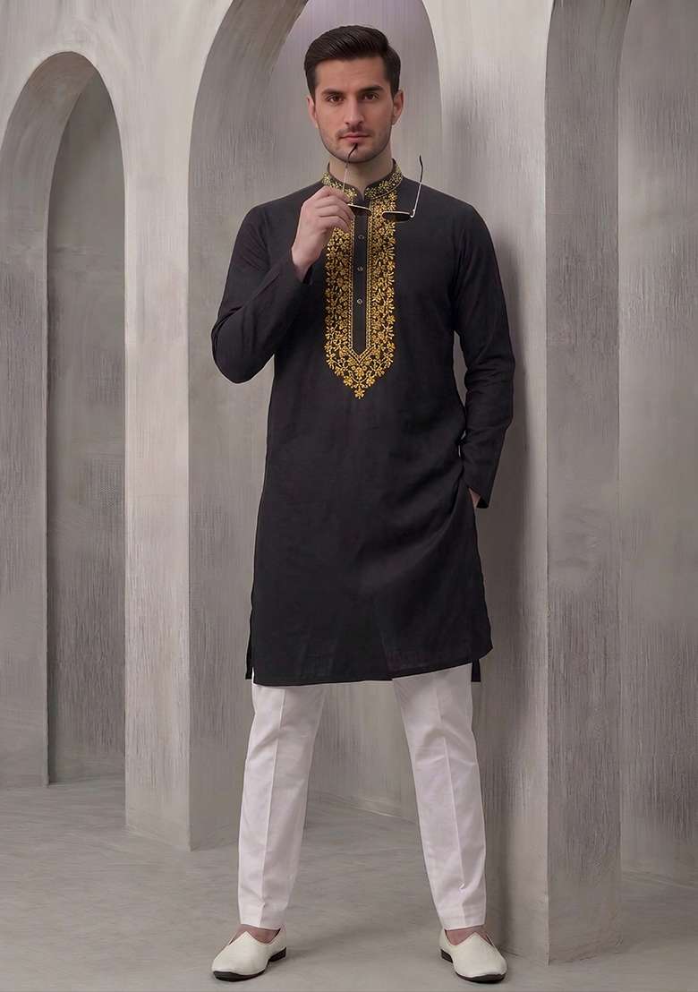Black Embroidered Cotton Kurta Set For Men - Indya