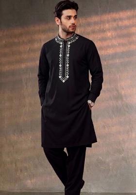 Black Embroidered Cotton Kurta Set For Men