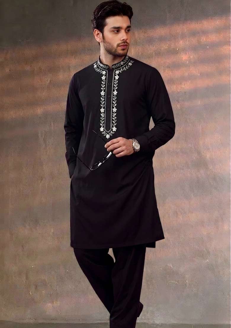 Black Embroidered Cotton Kurta Set For Men - Indya