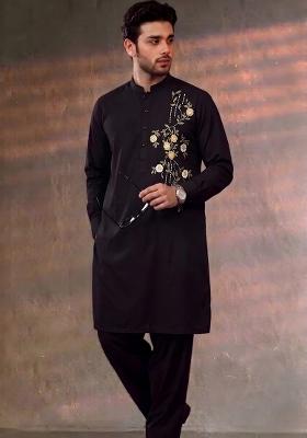 Black Embroidered Cotton Kurta Set For Men