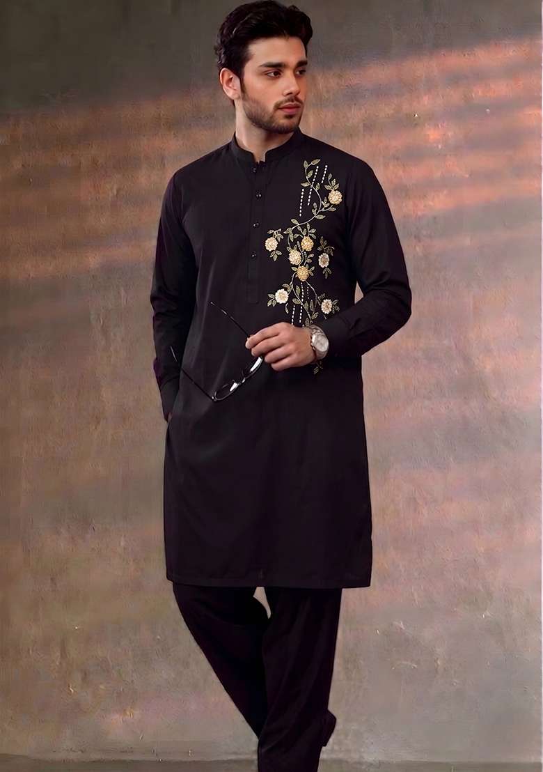 Black Embroidered Cotton Kurta Set For Men - Indya