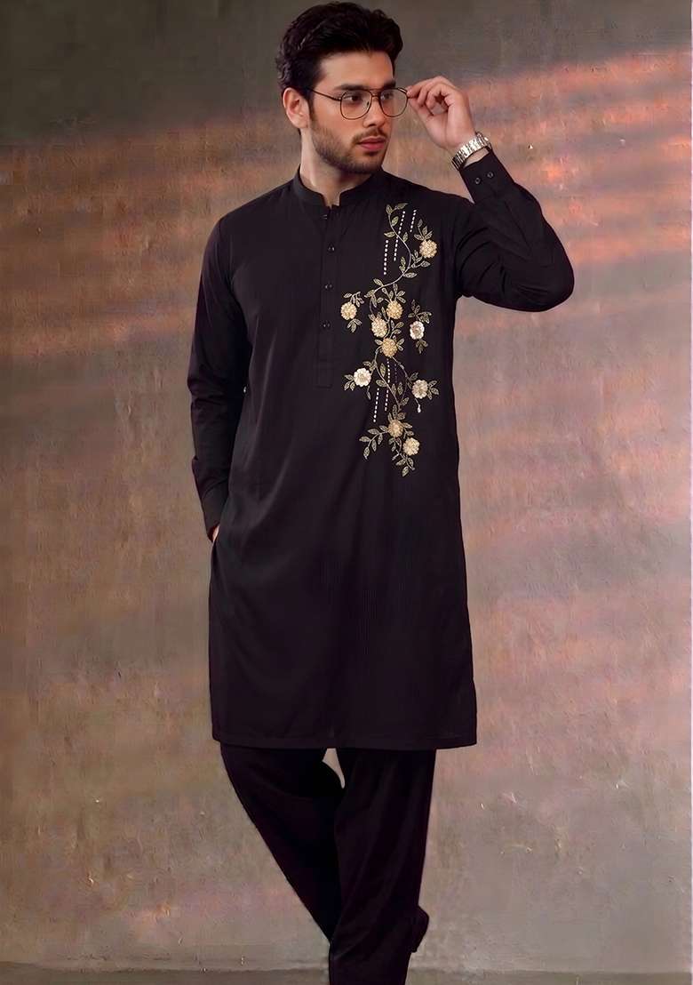 Black Embroidered Cotton Kurta Set For Men - Indya
