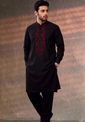 Black Embroidered Cotton Kurta Set For Men