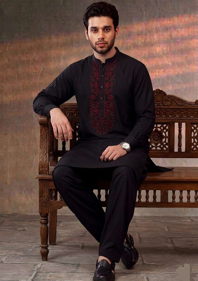 Black Embroidered Cotton Kurta Set For Men - Indya