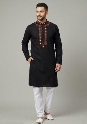 Black Embroidered Cotton Kurta Set For Men