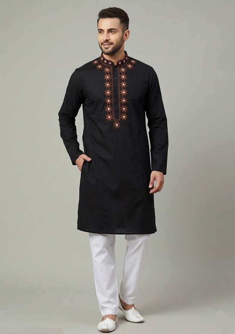 Black Embroidered Cotton Kurta Set For Men - Indya