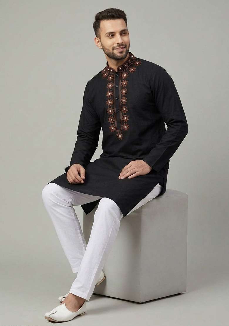 Black Embroidered Cotton Kurta Set For Men - Indya