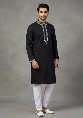 Black Embroidered Cotton Kurta Set For Men