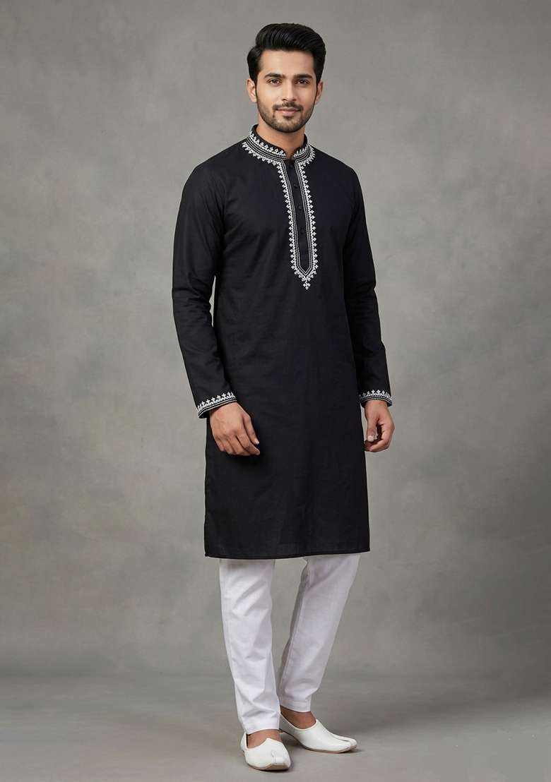 Black Embroidered Cotton Kurta Set For Men - Indya