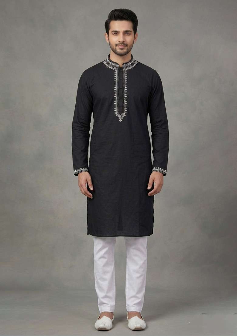 Black Embroidered Cotton Kurta Set For Men - Indya