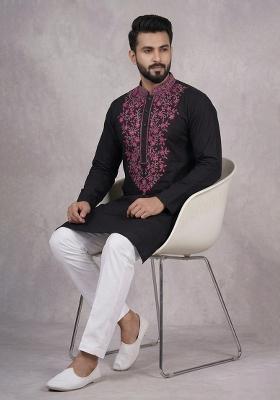 Black Embroidered Cotton Kurta Set For Men