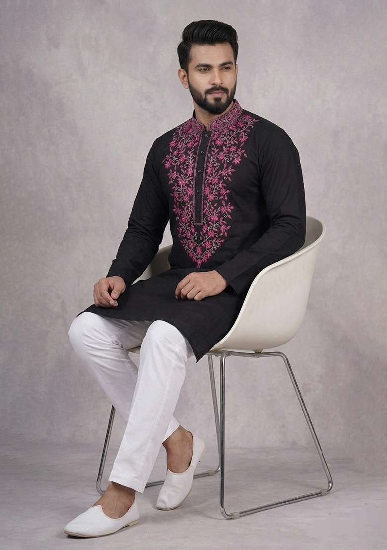 Black Embroidered Cotton Kurta Set For Men - Indya