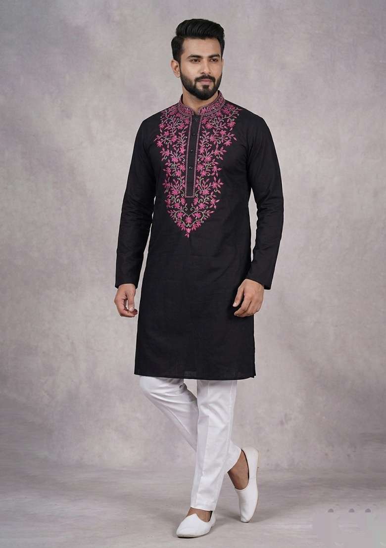 Black Embroidered Cotton Kurta Set For Men - Indya
