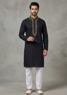 Black Embroidered Cotton Kurta Set For Men