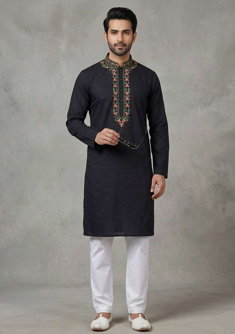 Black Embroidered Cotton Kurta Set For Men - Indya