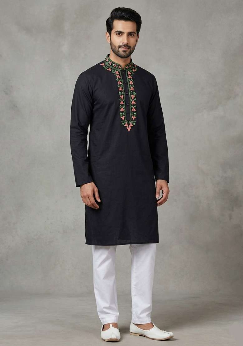 Black Embroidered Cotton Kurta Set For Men - Indya