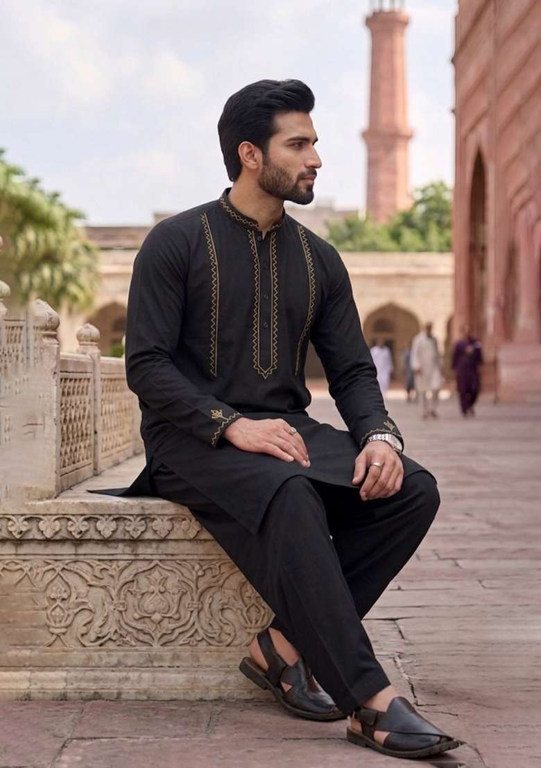 Black Embroidered Cotton Kurta Set For Men - Indya