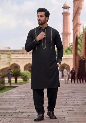 Black Embroidered Cotton Kurta Set For Men