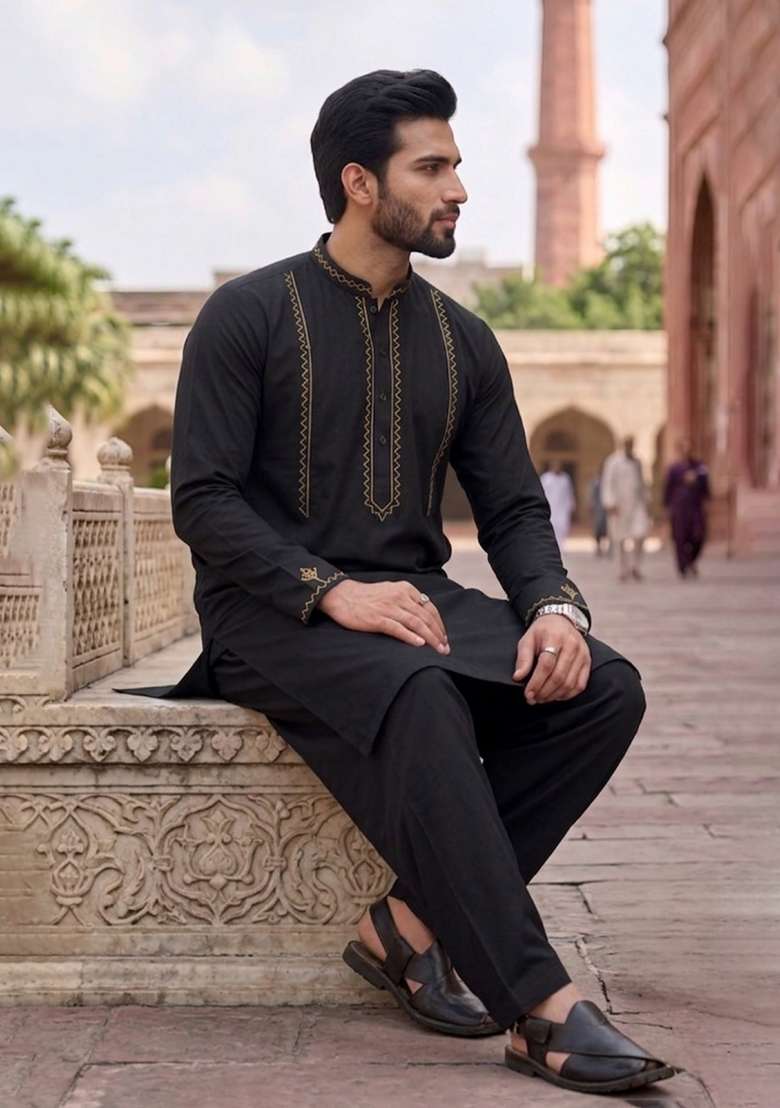 Black Embroidered Cotton Kurta Set For Men - Indya