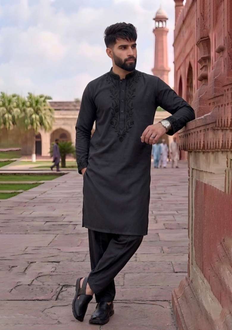 Black Embroidered Cotton Kurta Set For Men - Indya