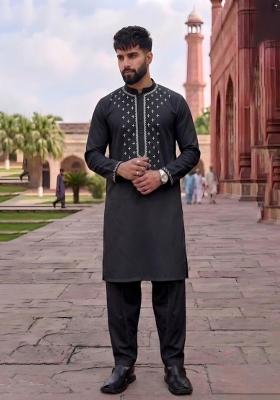 Black Embroidered Cotton Kurta Set For Men