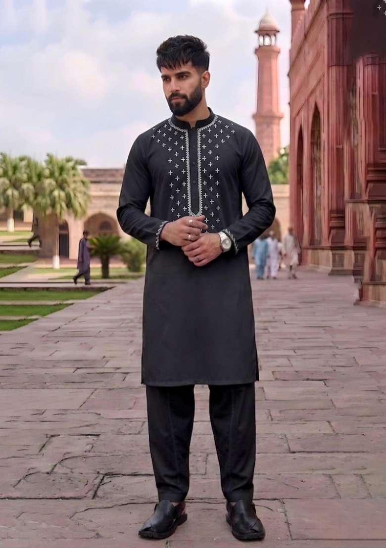 Black Embroidered Cotton Kurta Set For Men - Indya