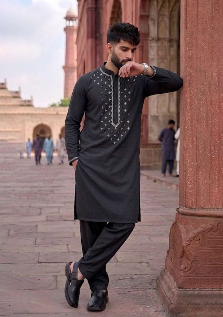 Black Embroidered Cotton Kurta Set For Men - Indya