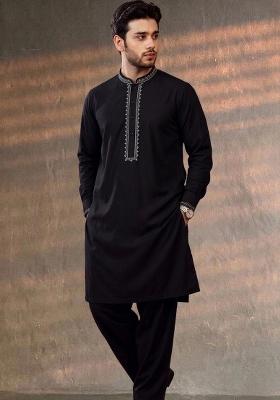Black Embroidered Cotton Kurta Set For Men