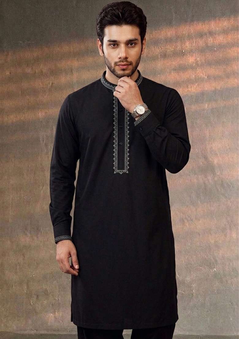 Black Embroidered Cotton Kurta Set For Men - Indya